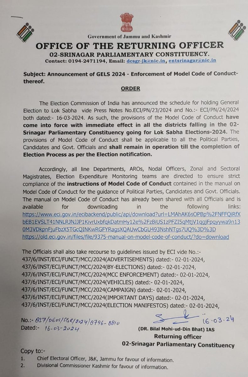 Election Srinagar DEO Office (@srinagarsveep) on Twitter photo RO 02-Srinagar Parliamentary Constituency enforces MCC.
<a href="/ECISVEEP/">Election Commission of India</a>
<a href="/srinagaradmin/">Srinagar district administration</a>
<a href="/SrinagarPolice/">Srinagar Police</a> RO 02-Srinagar Parliamentary Constituency enforces MCC.
<a href="/ECISVEEP/">Election Commission of India</a>
<a href="/srinagaradmin/">Srinagar district administration</a>
<a href="/SrinagarPolice/">Srinagar Police</a>