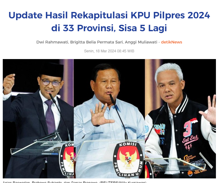 Update Hasil Rekapitulasi KPU Pilpres 2024 di 33 Provinsi, Sisa 5 Lagi

#PrabowoSubianto 
#PrabowoGibran2024 

#YukMoveOnYuk
FokusSIAPIN MasaDEPAN

news.detik.com/pemilu/d-72470…