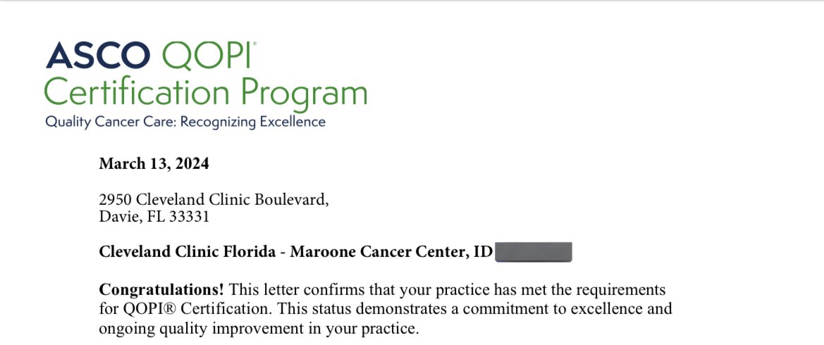 Congratulations to @CleveClinicFL Maroone Cancer Center for being awarded @ASCO QOPI certification by achieving high standards in various aspects of cancer care. This  also comes at the heels of its designation as a Cancer Center of Excellence. @ChaulagainMD @ConorDelaneyMD