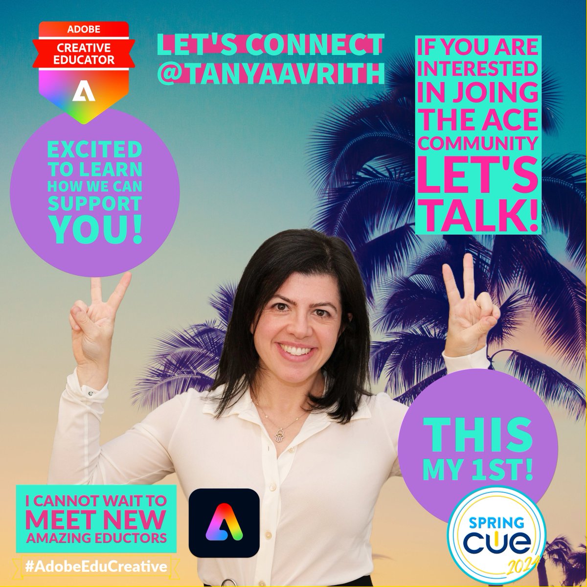 TanyaAvrith's tweet image. Excited for my 1st ever #SpringCUE ! 

Looking forward to meeting all the amazing West Coast Creative  Educators!

Check out our fun remix - try it yourself! 

 ➡️bit.ly/expresscue2024…

#AdobeEduCreative #CUEmmunity #SomosCUE #CreativityForAll
