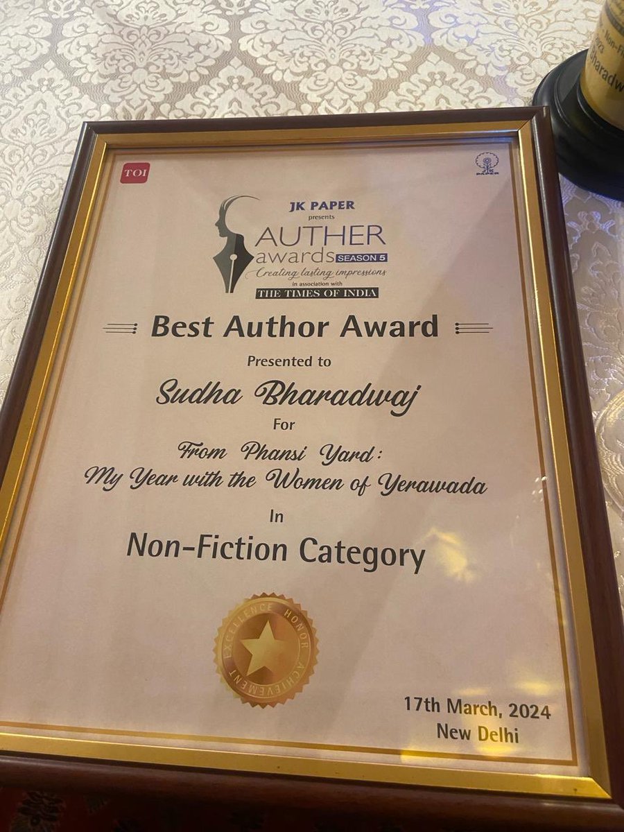 Congratulations to Sudha Bharadwaj for her prison writings