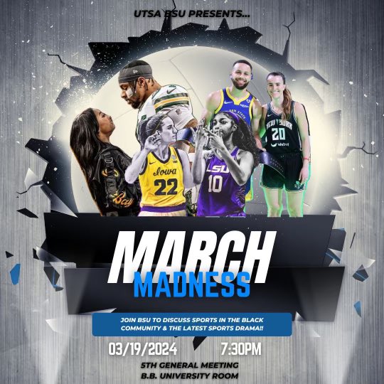 Join BSU this Tuesday, March 19th, at 7:30pm for our March Madness special meeting! 🏀 We’ll be discussing stigmas in women’s sports and the importance of sports in the black community ✊🏾 We hope to see you there! 

P.s. Make sure to wear your favorite players jersey 👀