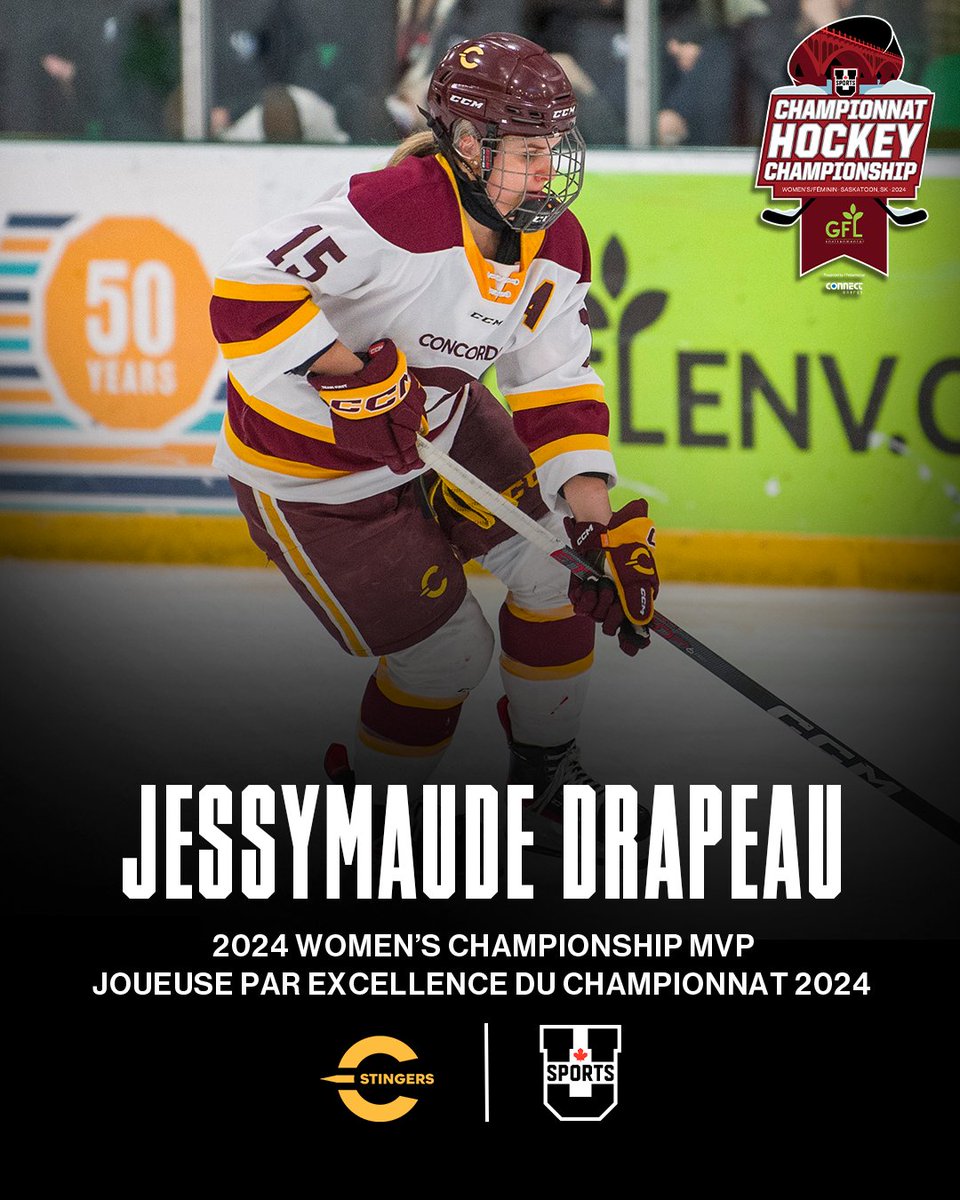 Jessymaude Drapeau is named the 2024 U SPORTS Women’s Hockey Championship MVP! Jessymaude Drapeau est nommée joueuse par excellence du Championnat de Hockey féminin U SPORTS 2024 ! #ChaseTheGlory | #ViserHaut