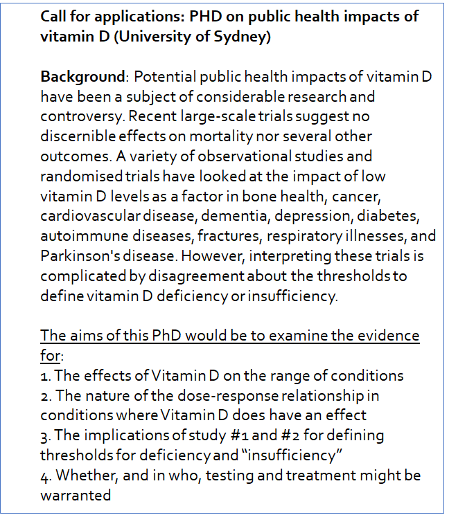 A PhD opportunity for Australia-based candidates has opened. The project will investigate the PH impacts of Vitamin D. If interested, please get email Prof Katy Bell (visit Prof Bell's page sydney.edu.au/medicine-healt…)