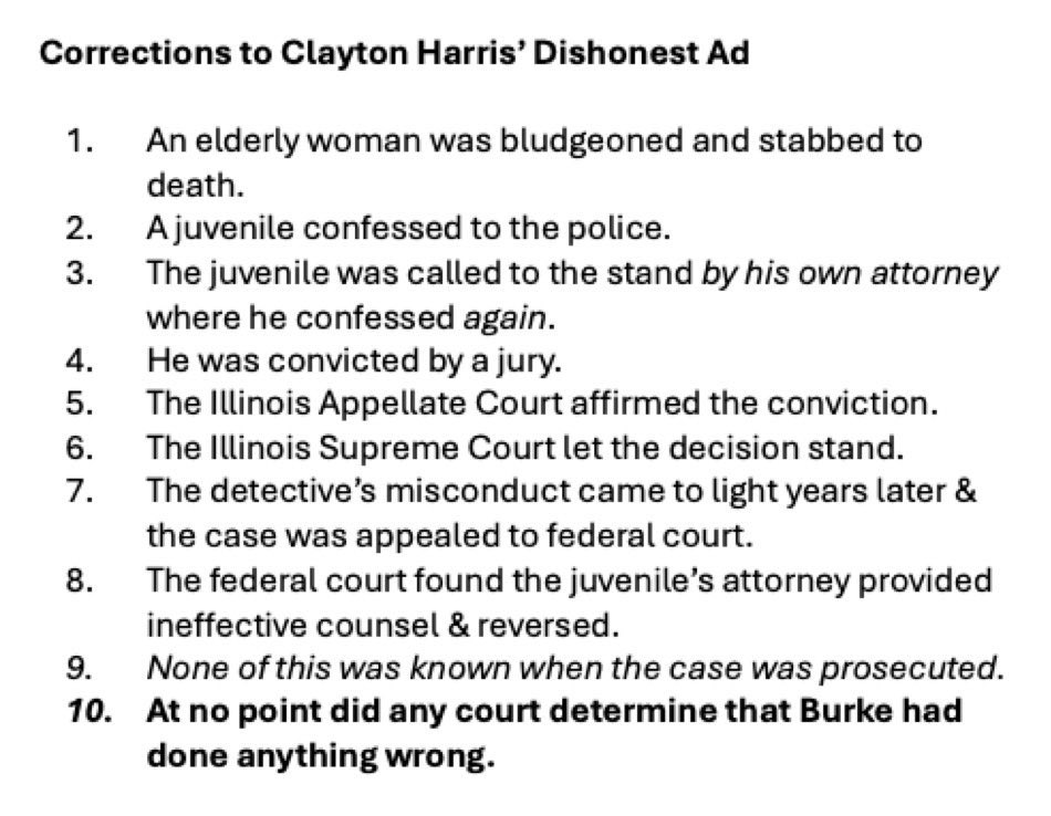 <a href="/ClaytonforCook/">Clayton Harris for Cook County State's Attorney</a> <a href="/RobertJPeters/">Robert Peters</a> This is an ugly smear and a dirty low blow. 

And maybe you’ve been out of the courtroom for so long that you’ve forgotten, but a prosecutor doesn’t “convict” anyone. Only a judge or jury do that.
