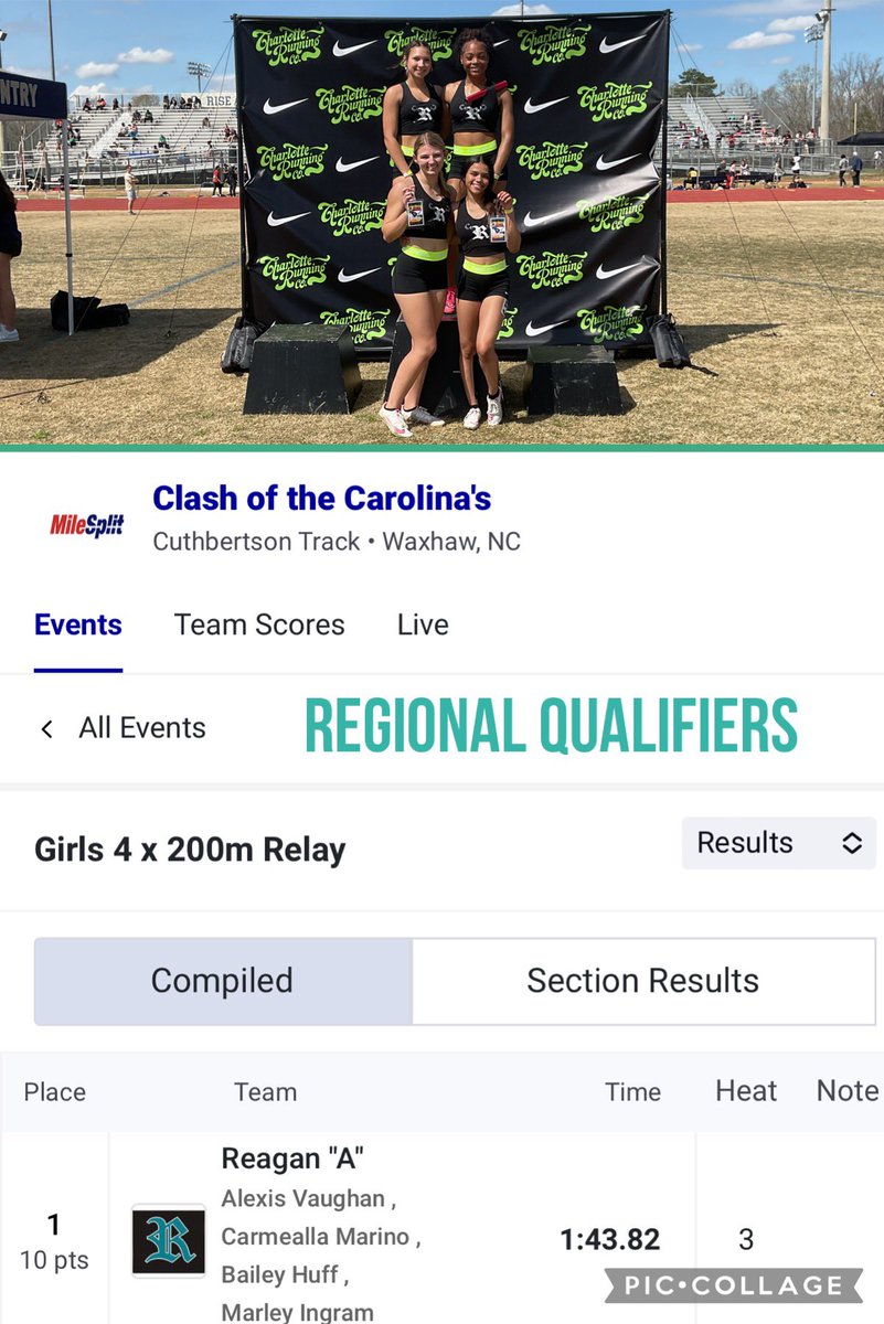 ✅ Regional Qualifiers ✅ Congratulations to the 4x2 Relay team of Alexis Vaughan (SR) @Alexis_Vaughan5, Carmealla Marino (JR) @Carmealla_m, Bailey Huff (JR) @bailey07_4 and Marley Ingram (FR) @Marleyrae09, winning the 4x2 at the Clash of Carolina’s!