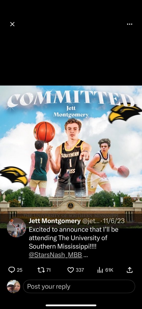 Usm basketball signee Jett Montgomery, son of former USM WR Mark Montgomery lead his team to Tennessee state title in Tennessee largest class and has been named finalist for Mr Basketball.  Had 28pts &amp; was MVP of title game. Eags getting a steal. #SMTTT