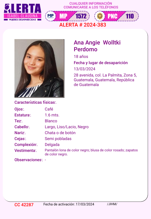 isabel_claudina's tweet photo. #AlertaIsabelClaudina
🚨 Ayúdenos a encontrar a
Ana Angie Wolltki Perdomo
Desapareció el 13de marzode 2024
Cualquier información comunicarse al teléfono 📞 1572
Gracias por difundir esta información❗ https://t.co/0fUJUi6qbB