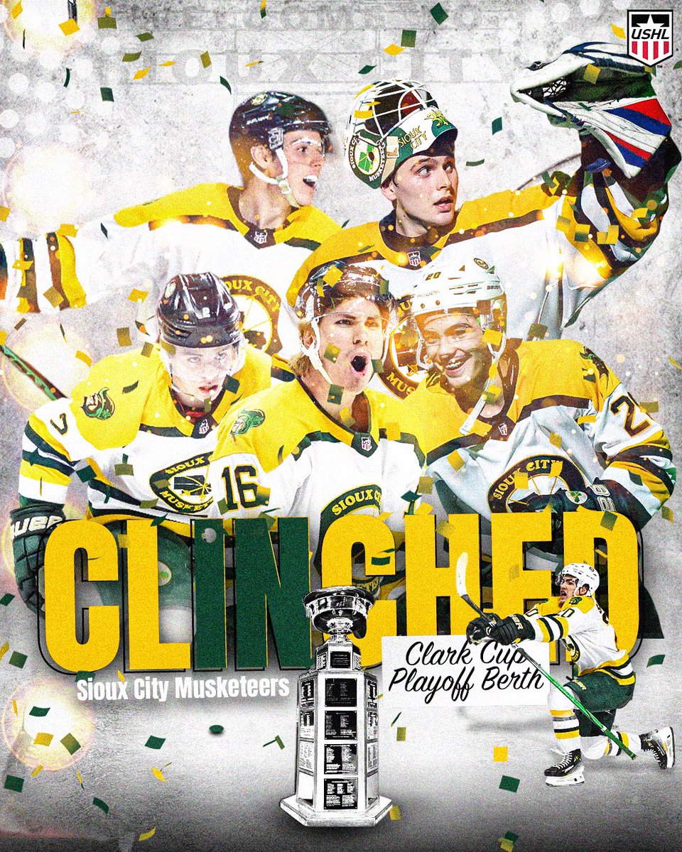 SIOUX CITY MUSKETEERS
TICKET PUNCHED 🎟

<a href="/Musketeerhockey/">Sioux City Musketeers</a> is the second team from the West to lock up a Clark Cup Playoff spot. 

They will look to win their second Clark Cup in three years when they take the ice in the playoffs.

#StarsRise | #Clinched