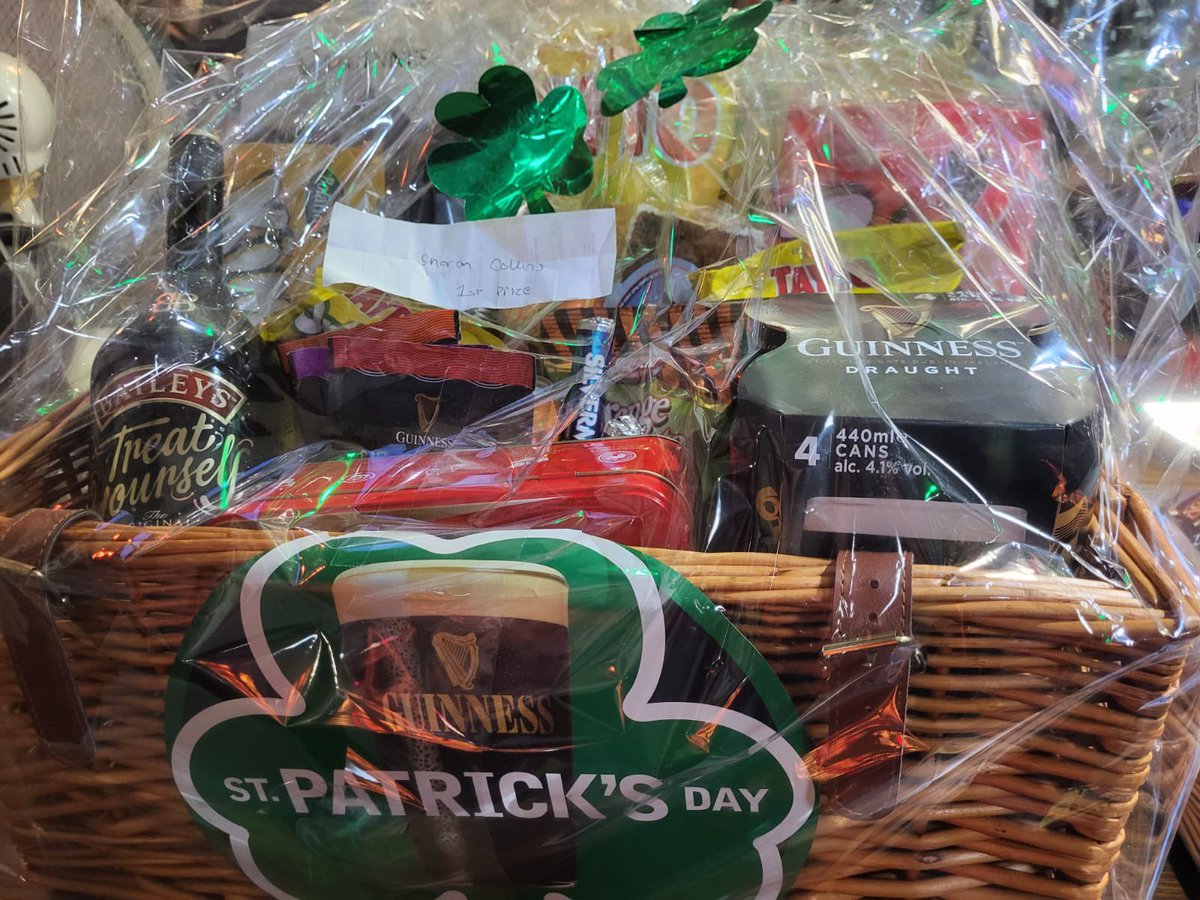 StMarysIrish's tweet photo. Raffle results as promised, thank you so much for your support today and a Happy St. Patrick’s Day ☘️ to you all 
1st prize for the Irish themed hamper is Sharon Collins 
2nd prize for the breakfast hamper is Angela Alchorn 
3rd prize for the Jamesons is Eileen Malone 
Congrats🎉 https://t.co/bKHVI3cpqD