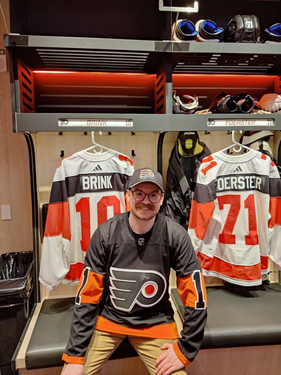 taylordonaghy's tweet photo. @charlieo_conn @PHLY_Flyers should we be reading into Brink's stall being empty during the #flyers carnival locker room tour today? Every other player had full gear... https://t.co/Pt3OLJ3rnT
