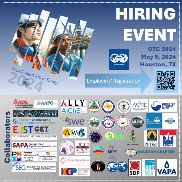 Are you an experienced energy professional looking for new job opportunities? The 14th semi-annual Energy Professionals Hiring Event, organized by SPE - GCS takes place on May 9, 2024, at the Offshore Technology Conference in Houston, TX. spegcs.org/hiring-event/. #WeAreSPE