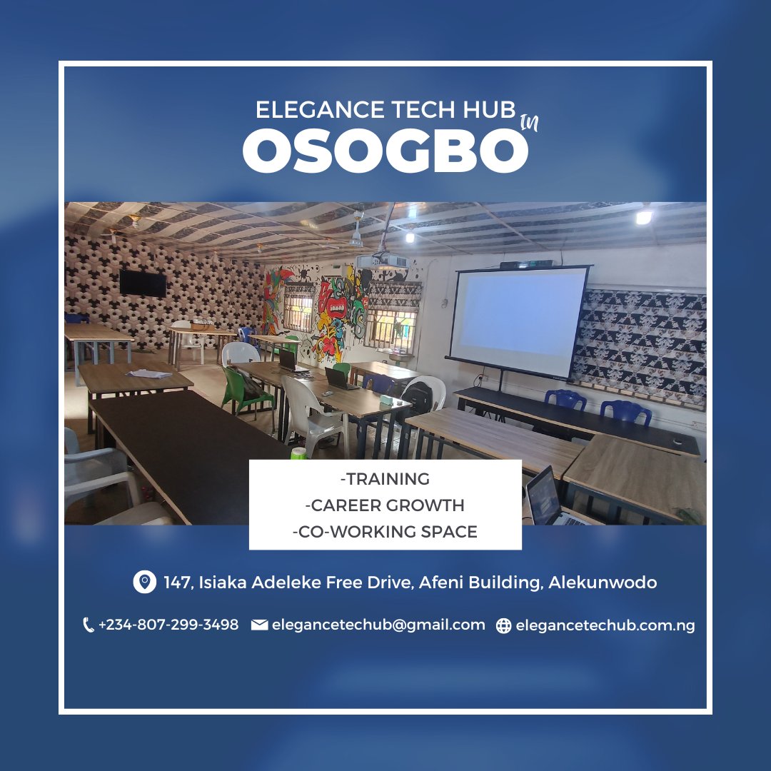 Discover the epitome of productivity at Elegance Tech Hub. With unlimited data access, ergonomic workspaces, and reliable power supply, we empower tech enthusiasts to thrive @InsideOsogbo. Join us and elevate your work environment. #TechHub #EleganceTechHub #Productivity'