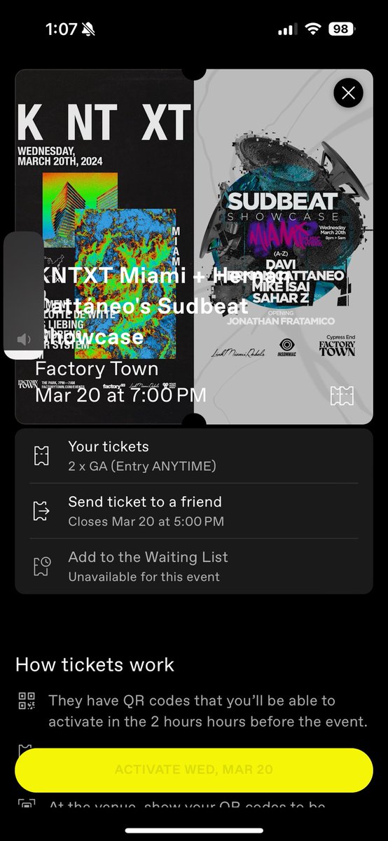 Selling two anytime, also grants you access to see John summit! $160 for both