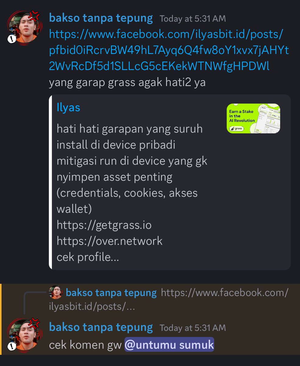 ins0mnia15's tweet photo. mas ilyas ini buat post soal grass, blio ini jago soal networking. jadi kita di suruh hati2 karna ada beberapa yang sus, gak disarankan untuk install ext di device pribadi better di rdp aj.

nah si bakso tanpa tepung ini namanya adam, diaa ngeriset lebih jauh soal grass ini ak buat thread ajaa buat nerusin risetnya dia.