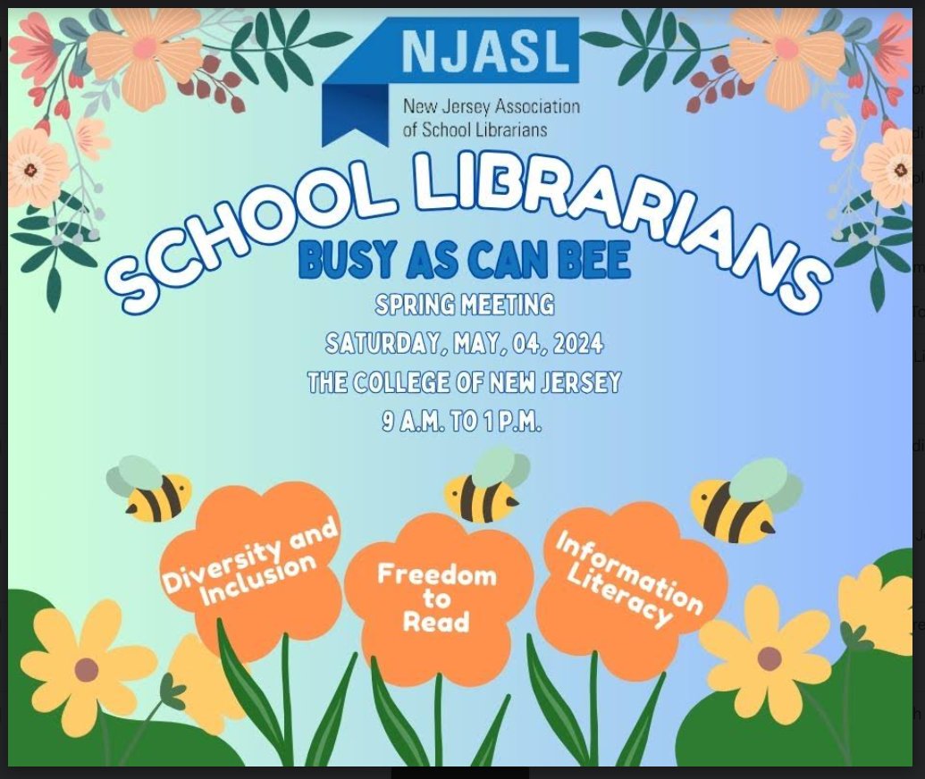 If you haven't yet, get yourself signed up for NJASL's Spring Event - in person this year at TCNJ! We all know school librarians are 'Busy as can Bee' - but we hope you can find time to join us! Space is limited so register now! njasl.org/event-5605978/…