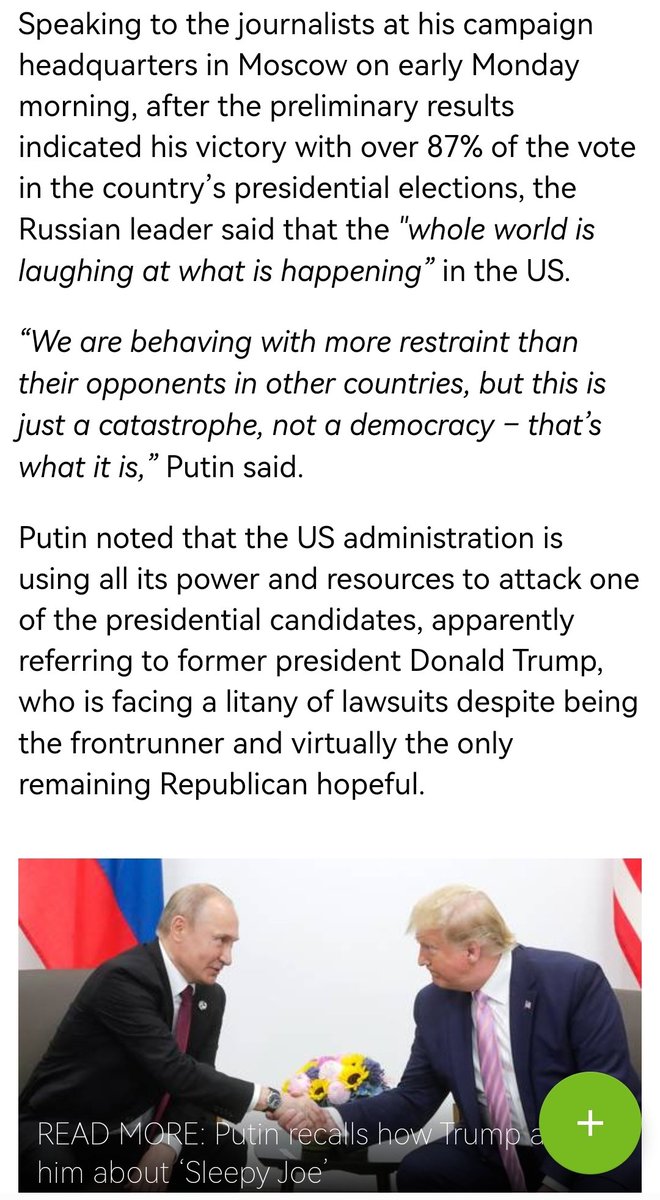 “I think it’s obvious to everyone that the US political system can't claim to be democratic in any sense of the word,” #Putin said, but refused to comment further on current presidential campaign, apart from describing it as “increasingly uncivilized.” #Trump #Biden #Election2024