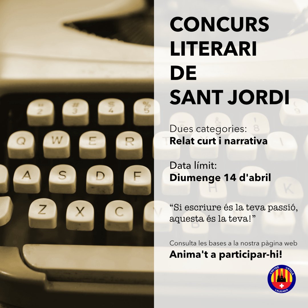 Torna el concurs literari de Sant Jordi!
La data límit per a participar-hi és el dia 14 d'abril a les 12 de la nit.

Consulta les bases i anima't a participar-hi: catalansasuissa.org/concurs-litera…

#ccl #centrecatalalausana #lausanne #vaud #suisse #catalanspelmon #catalans #somcasals