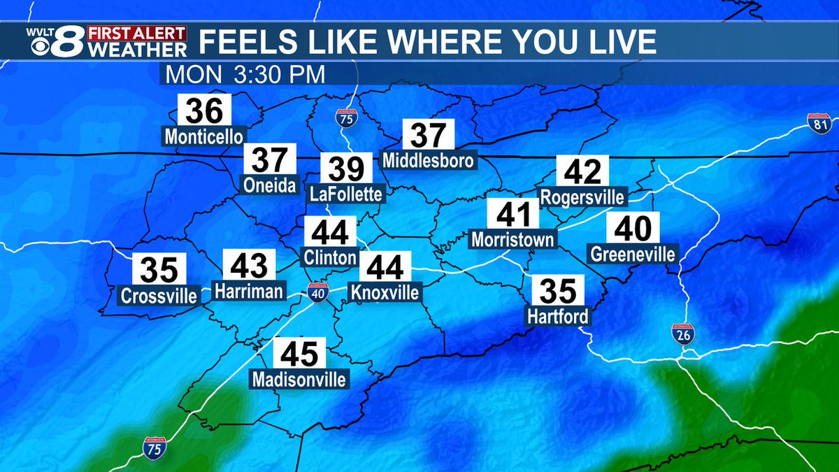 JacobDurhamWX's tweet image. Get ready for big changes! Colder temperatures settle in for our Monday and we'll feel even colder with breezy conditions. Tune into WVLT News tonight at 11 p.m. as we break down our week ahead. #wvltfirstalert #tnwx #wvltwx