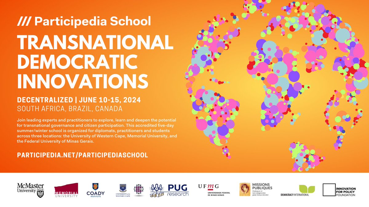 You can still register for the #ParticipediaSchool2024 taking place in 🇧🇷🇨🇦🇿🇦. Participants can register to attend in person at all locations until spots are filled. @participedia Info here: participedia.net/participediasc…