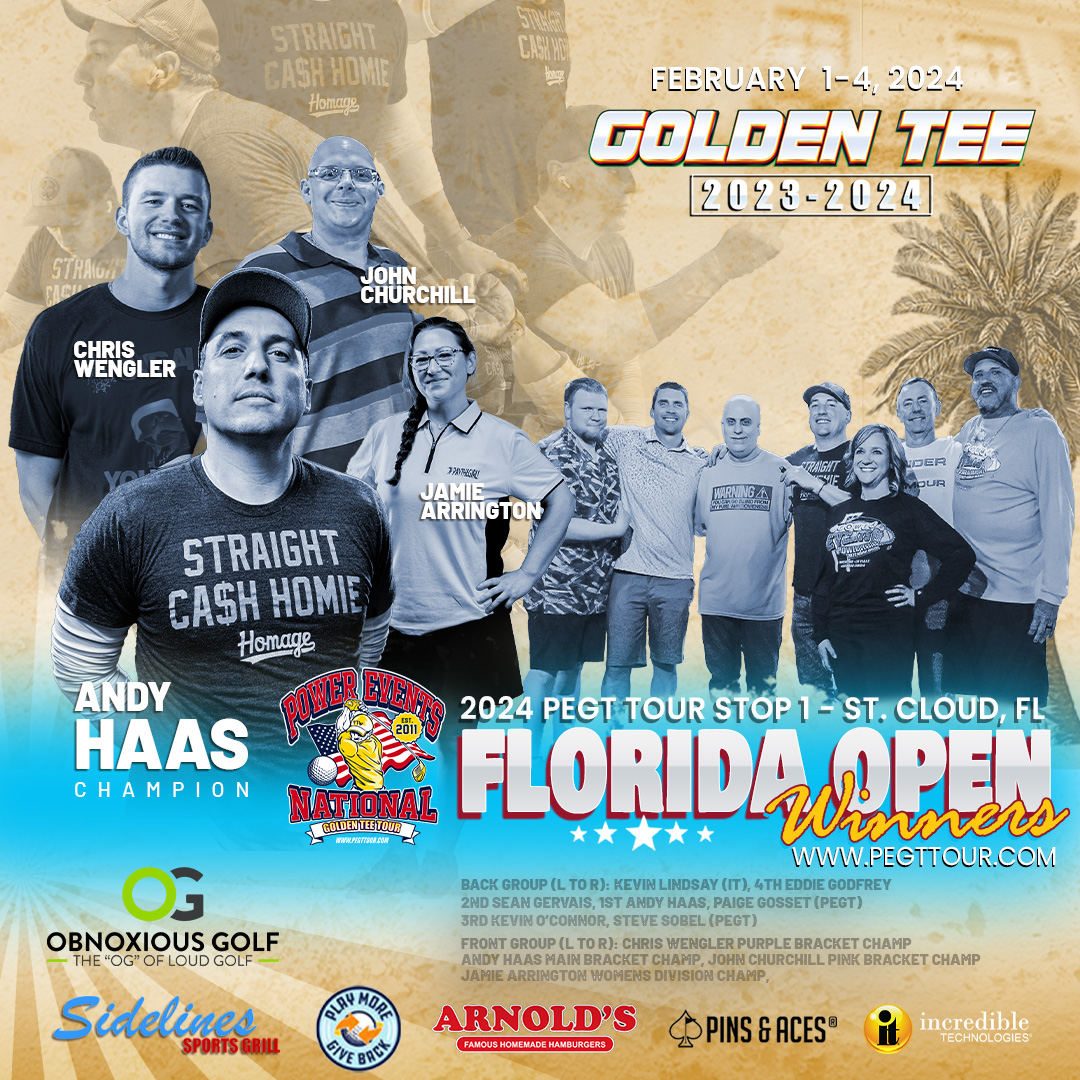 GoldenTeeTV's tweet photo. The winners of the Power Events @GoldenTee Tee Tour Stop #1: Florida Open in #StCloud #Florida February 1-4, 2024 Hosted by @sidelinessportsgrill #ItsgoldenTee #esports #videogolf #arcade #ftw #golfnews #GamingNews https://t.co/7oJxFgRuy5