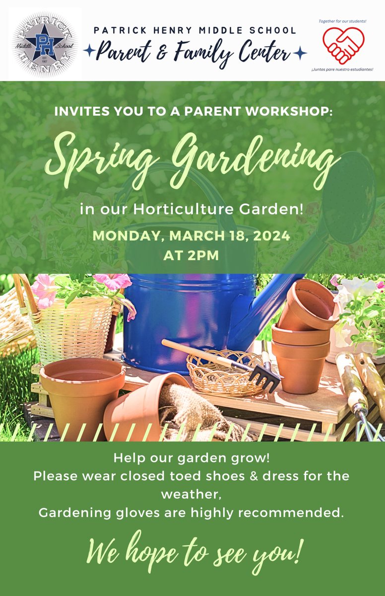 Patrick_henryMS's tweet photo. Join us on Monday, March 18th at 2pm for our Spring Gardening parent workshop. https://t.co/SGWEthiqLF