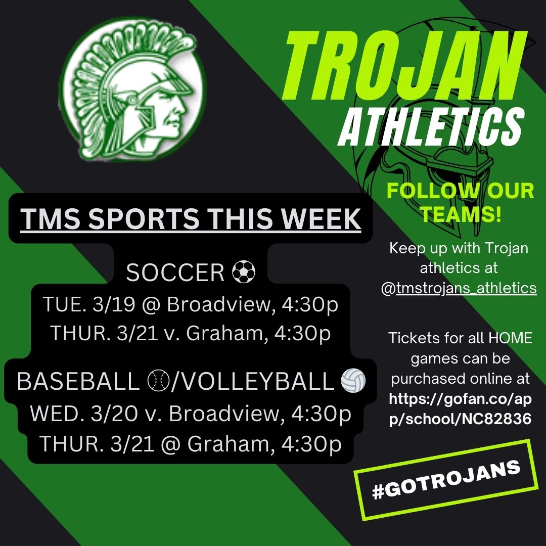 Make plans to come cheer on your Trojans this week! We have 3 teams in action, and we look forward to seeing you. #GoTrojans⚽⚾🏐 Ticket link: gofan.co/app/school/NC8…