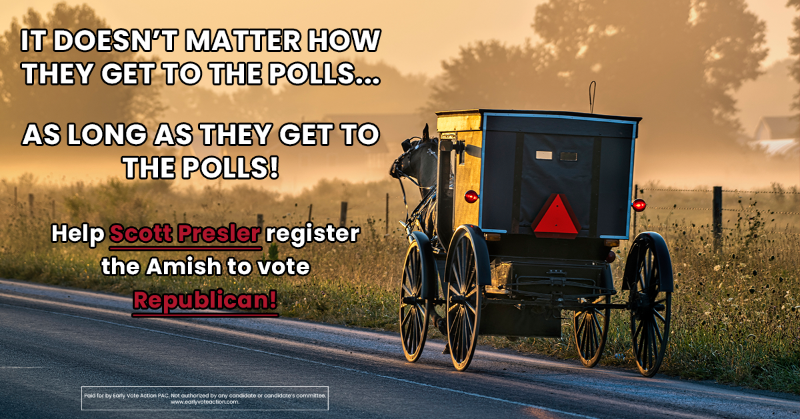 EarlyVoteAction's tweet photo. Scott Presler is leading the charge to get the Amish registered to vote REPUBLICAN!

They alone can flip Pennsylvania and Fire Joe Biden!

Join the Early Vote Action team and get involved today: