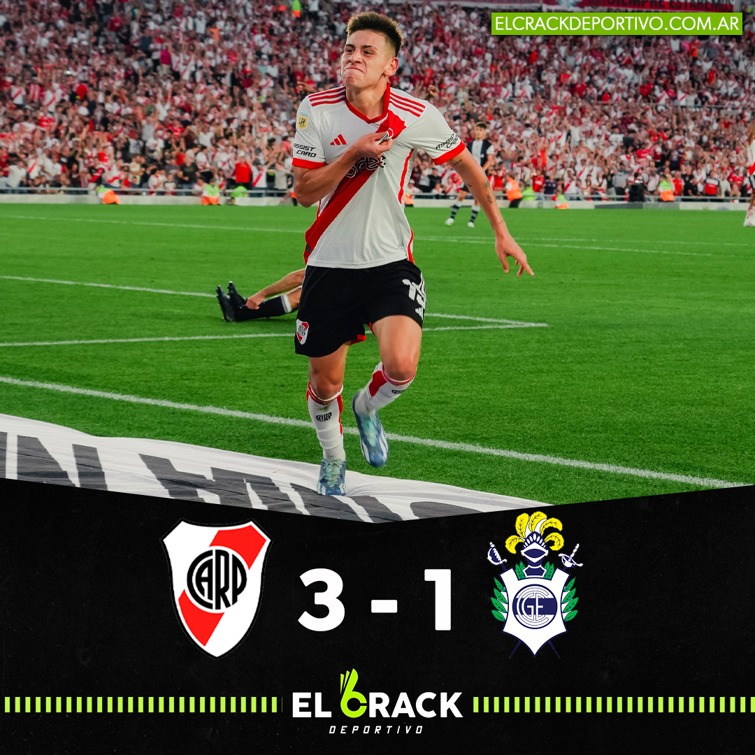 CrackDeportivo_'s tweet photo. ✅ ¡RIVER GANÓ Y ES PUNTERO!

👉🏻 El conjunto dirigido por Martín Demichelis venció 3-1 a Gimnasia de la Plata por la 11va fecha de la Copa de la Liga Profesional.

⚽ Domínguez abrió el marcador, mientras que para el Millonario marcaron #Echeverri, González #Pirez y #Colidio

✍🏻 De esta manera el Millonario es puntero de la zona A con 21 puntos.