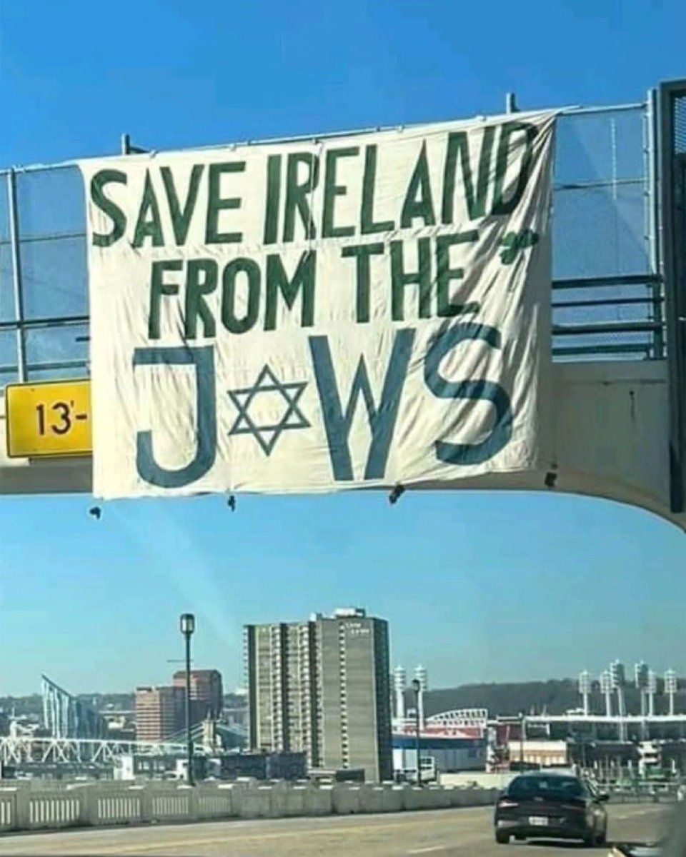 On St. Patrick’s Day hung on a freeway overpass in Cincinnati, Ohio. An outrageous antisemitic banner reading “Save Ireland From the Jews” Thank you city officials and law enforcement for quickly responding and removing this vile display #antisemitism #neveragainisnow @AJCGlobal