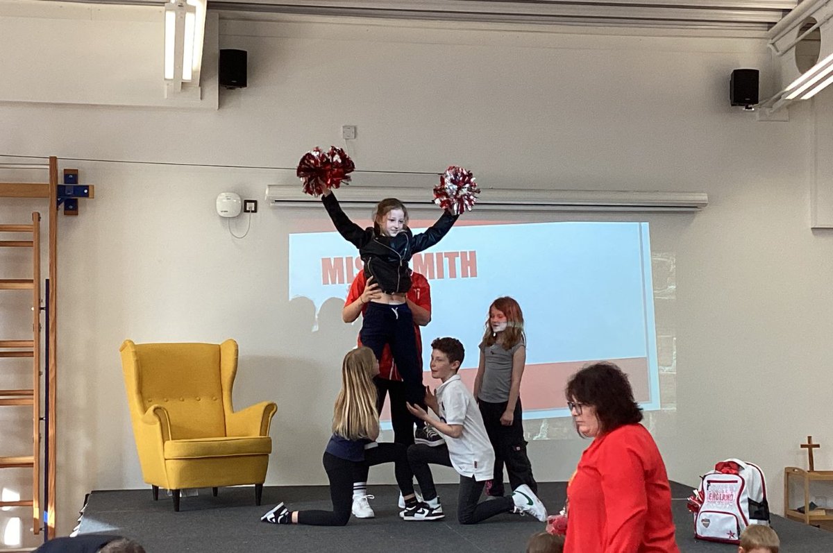 ce_park's tweet photo. We raised £281 on #RedNoseDay We held a Talent Show, acts from each class took part. We'd adults show us their special skills including Jemma Davies from the England Cheerleading Squad! Thanks for being part of our day and teaching us some cheers Jemma! @comicreliefsch https://t.co/8gTGMHMgm7