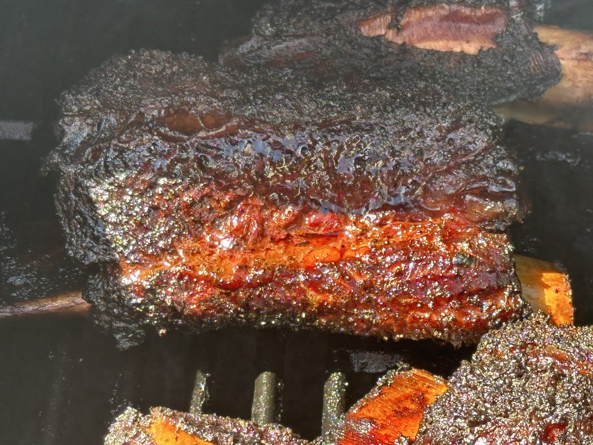My best session yet! Fell of the bone in hour 4.5 at 250 degrees. Used post oak and a lil bit of mesquite with my @OklahomaJoes offset smoker. Short ribs are my fav to smoke!