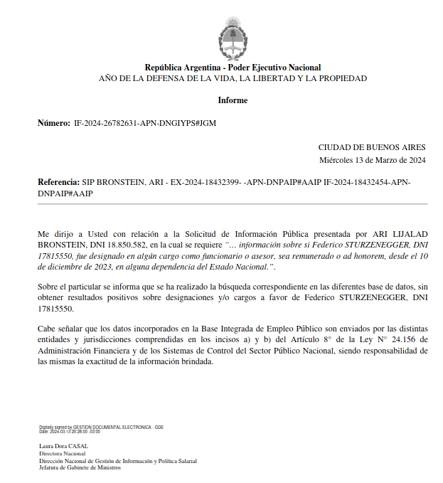Pregunté al Gobierno si Sturzenegger tiene algún cargo, sea pago o ad honorem

Me contestaron que no. 

<a href="/fedesturze/">Fede Sturzenegger</a> estuvo en la redacción del DNU. Eso está prohibido, ya que solo pueden intervenir funcionarios. Ergo, es nulo. 

La respuesta oficial. 
#HabraConsecuencias