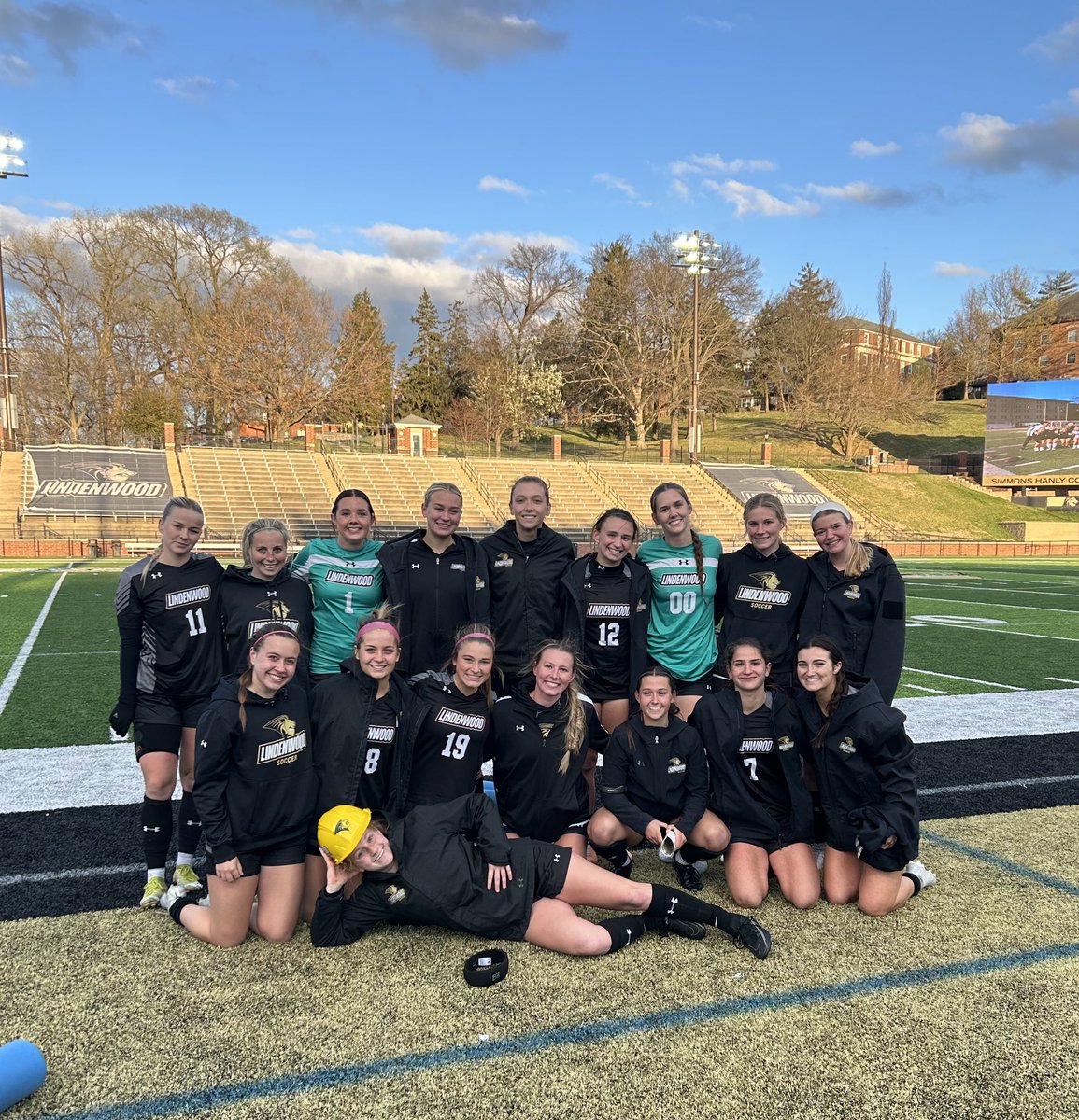 LindenwoodWSOC's tweet photo. Spring Result: Lions 2. Evansville 0. Goals by Montandon and Jackson. Hard Hat Lion of the game goes to freshman Jess Dodd! #DancingQueen #GoLions https://t.co/8o9bzjyFKo