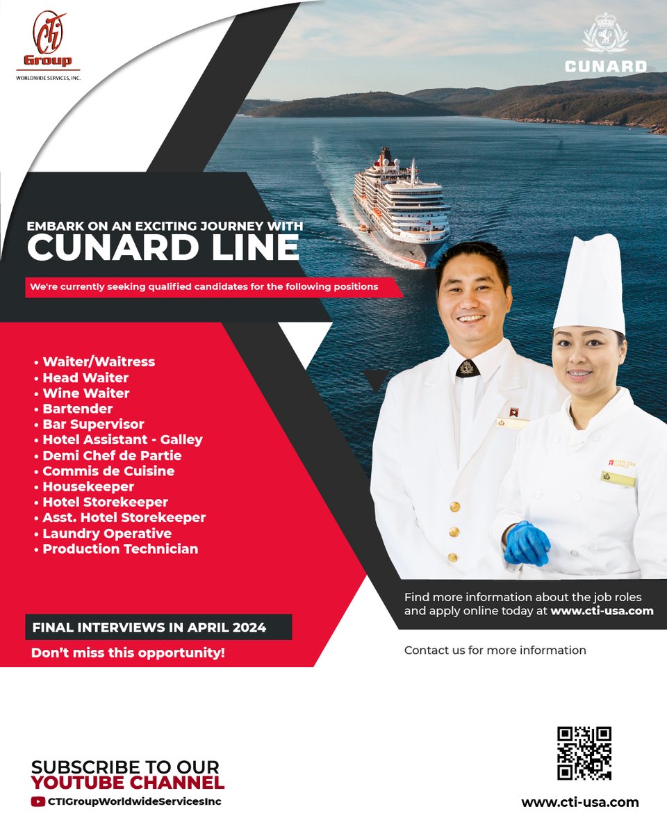 cti_groupusa's tweet photo. Embark on an exciting career journey with #Cunard Line!
Final interviews will take place in April 2024!

For more details and to apply online, visit https://t.co/nkTn90y6qG.

Don't miss this opportunity to be part of our dedicated team. https://t.co/ZEM7mWGOV8