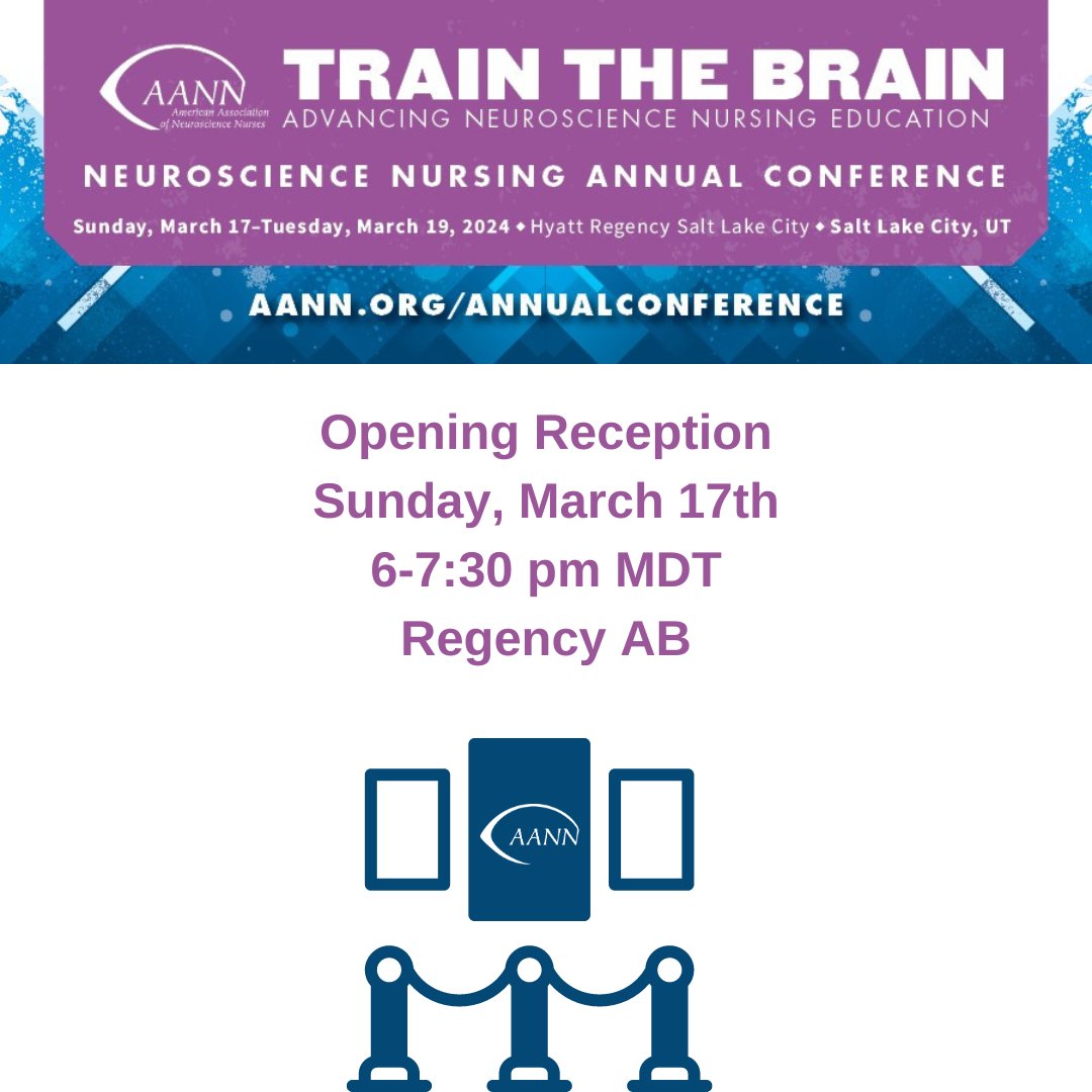 NeuroNursesAANN's tweet photo. The Opening Reception will be held in the Regency Ballroom AB from 6-7:30 pm MDT. Enjoy light appetizers while you network with exhibitors and attendees. #AANN24 https://t.co/axxlTJ3jpQ