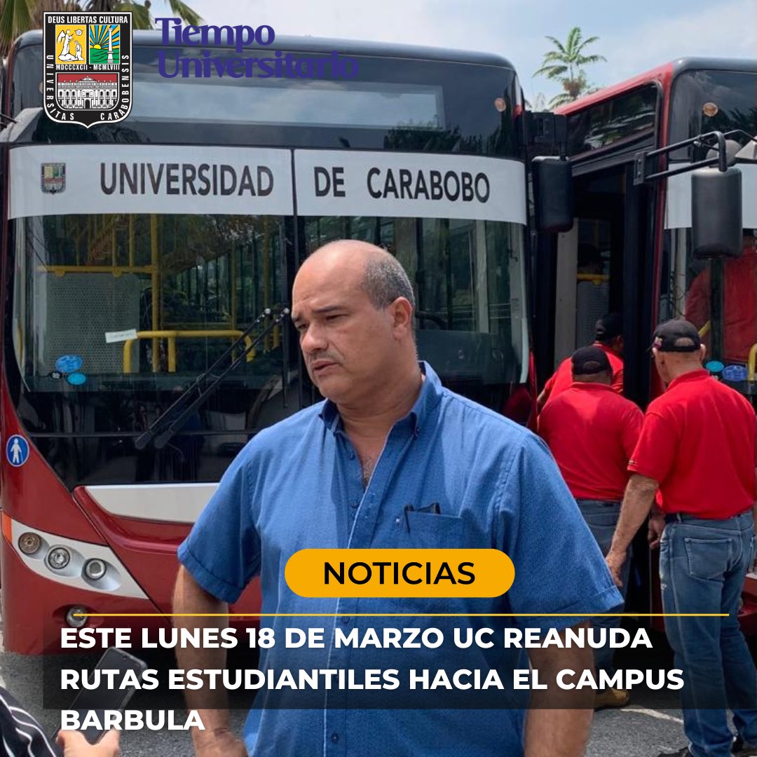 UCarabobo's tweet photo. Este lunes #18Mar se reanudan rutas 01, 02 y 03 del personal ucista, rutas estudiantiles tramo avenida Cedeño campus Bárbula y viceversa, rutas internas, además de la ruta de La Isabelica, gracias al apoyo del @CaraboboGB y del Gobierno nacional, informó el director Juan Carreño. https://t.co/C4honnzMiC