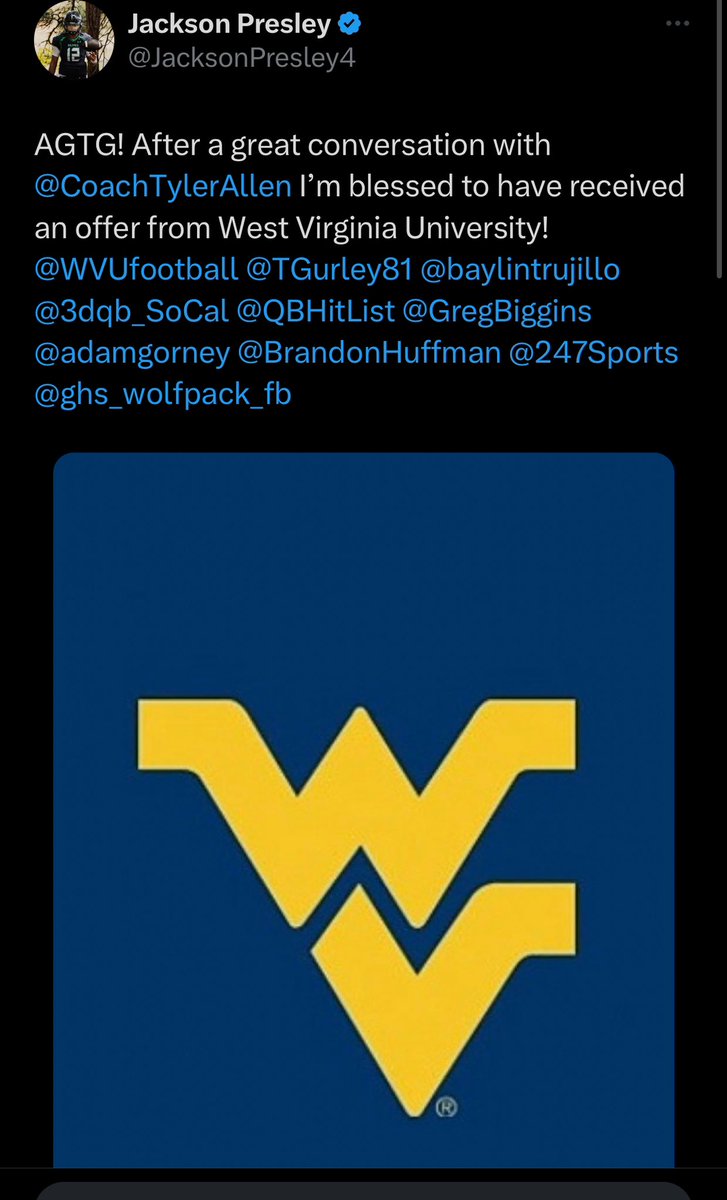 Congrats @JacksonPresley4 on the @WVUfootball offer!!! We get #offers & #results at Torigurley.com Sign Up Now