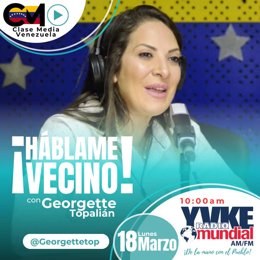 jovanyquintero's tweet photo. Este y todos los #Lunes...

¡HABLAME VECINO! con @georgettetop Coordinadora Nacional de @clasemediavzla .
.
.
#Sintoniza desde las 10:00am por @yvke_mundial .
¡Te Esperamos!

@tropac @globovision @tves_aldia @vtv_canal8 @nicolasmaduro @dcabellor @rodolfosanzpsuv @concejobaruta https://t.co/qevr3Y1ZtY