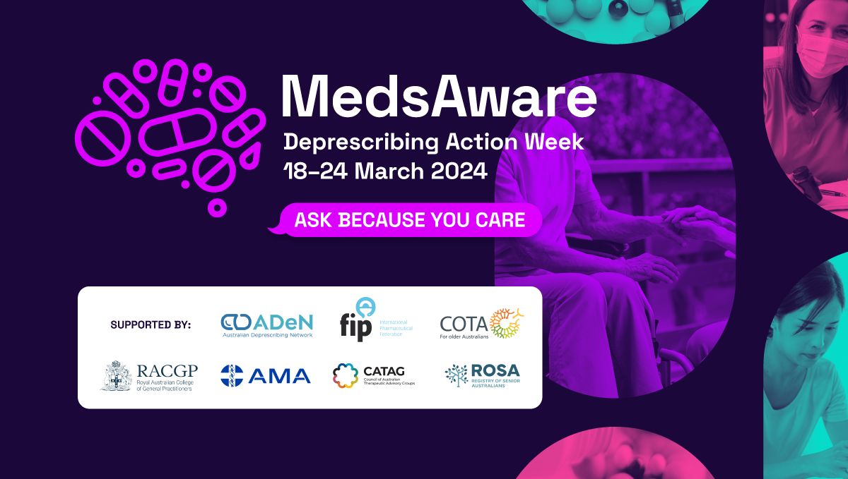 MedsAware 2024: Deprescribing Action Week is kicking off today across Australia! 💊
Deprescribing Action Week again seeks to drive conversations and raise awareness of polypharmacy + deprescribing. This year's theme is 'Ask because you care'.
Learn more → buff.ly/43qfClF