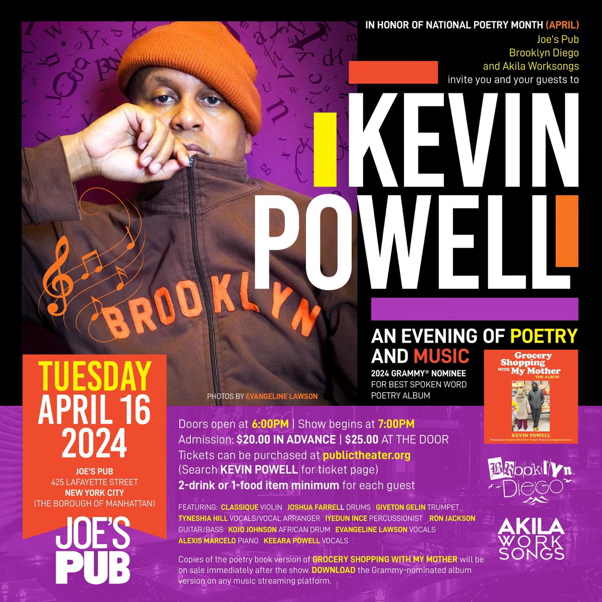 <a href="/MuseumofCityNY/">Museum of the City of NY</a> EXCITED TO ANNOUNCE only NEW YORK live performance of my 2024 Grammy-nominated spoken word poetry album, GROCERY SHOPPING WITH MY MOTHER. TUES APRIL 16th, 7pm (doors open at 6pm), at <a href="/JoesPub/">Joe’s Pub</a>! WITH FULL BAND! TICKETS &gt;  publictheater.org/productions/jo…