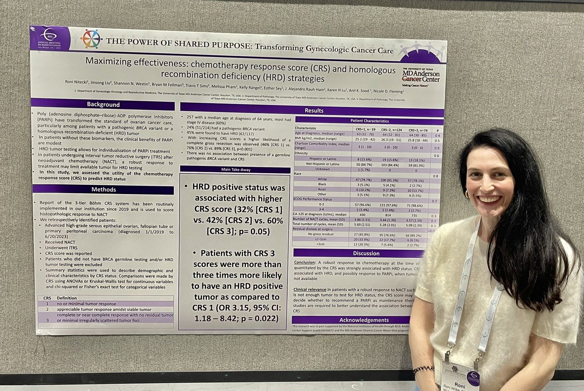 Exciting work @NiteckiRoni @MDAndersonNews correlating chemotherapy response score (CRS) to HRD status in #ovariancancer #SGOMtg #gyncsm #oncsurgery