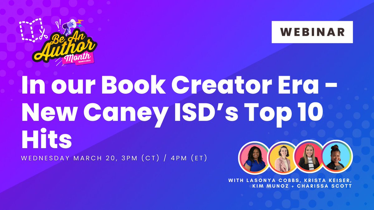 Join us on Wednesday and discover how @newcaneyisd has leveraged Book Creator for the past 4 years fostering over 170,000 books. Their wonderful @NCISD_DL_Dept team will be sharing their top 🔟 Book Creator hits to inspire you. 🤩 Register at hubs.la/Q02prGF-0 #BeAnAuthor