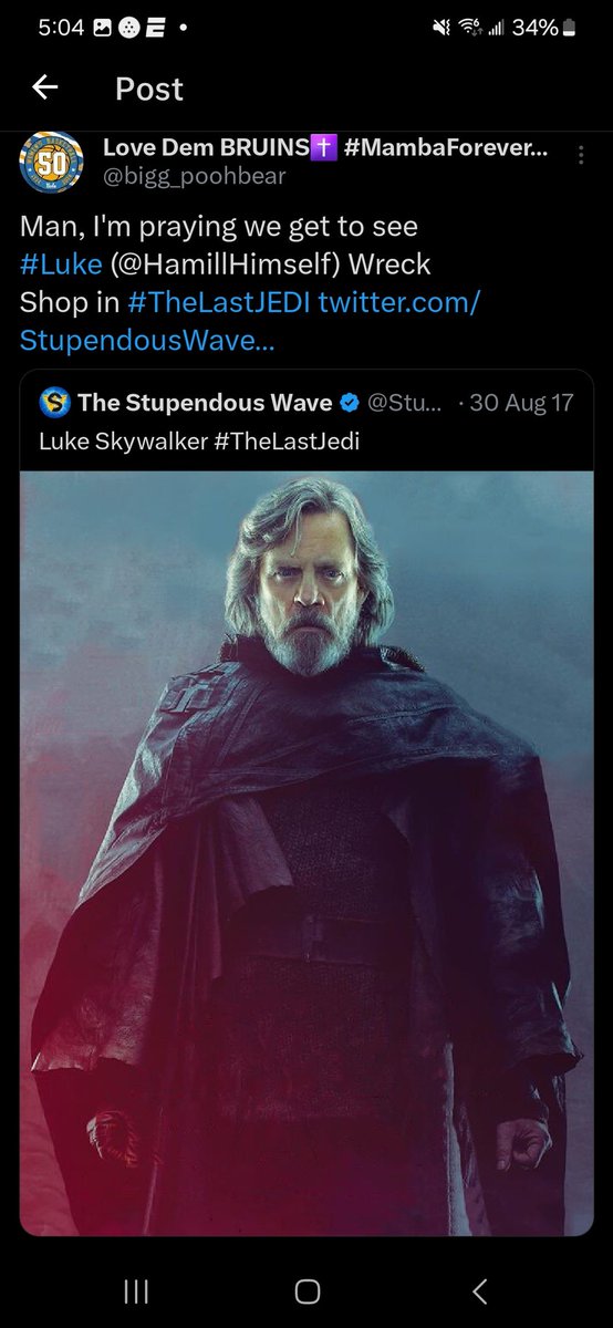 bigg_poohbear's tweet photo. @DodgersAndrew One of My biggest joys on Twitter was #MasterLuke liking a tweet when we got a first look of Luke in The Last Jedi. This is of course before that crap movie broke Star Wars and split the Fandom. https://t.co/1eIPPTD1fs