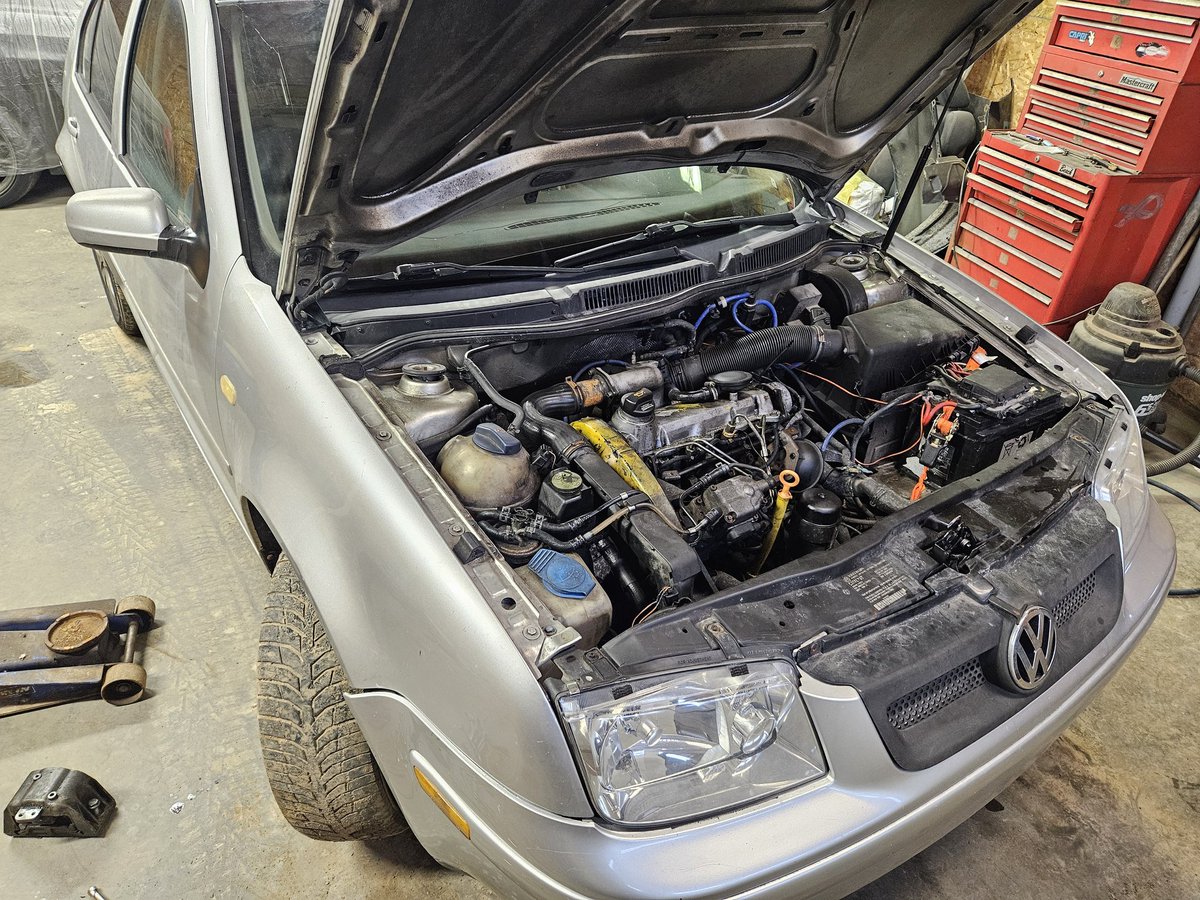 What a eventful weekend. Motor fell out of the jetta because someone in the past cross threaded two wrong bolts into the motor mounts that broke. (One was broken for a  l o n g time)