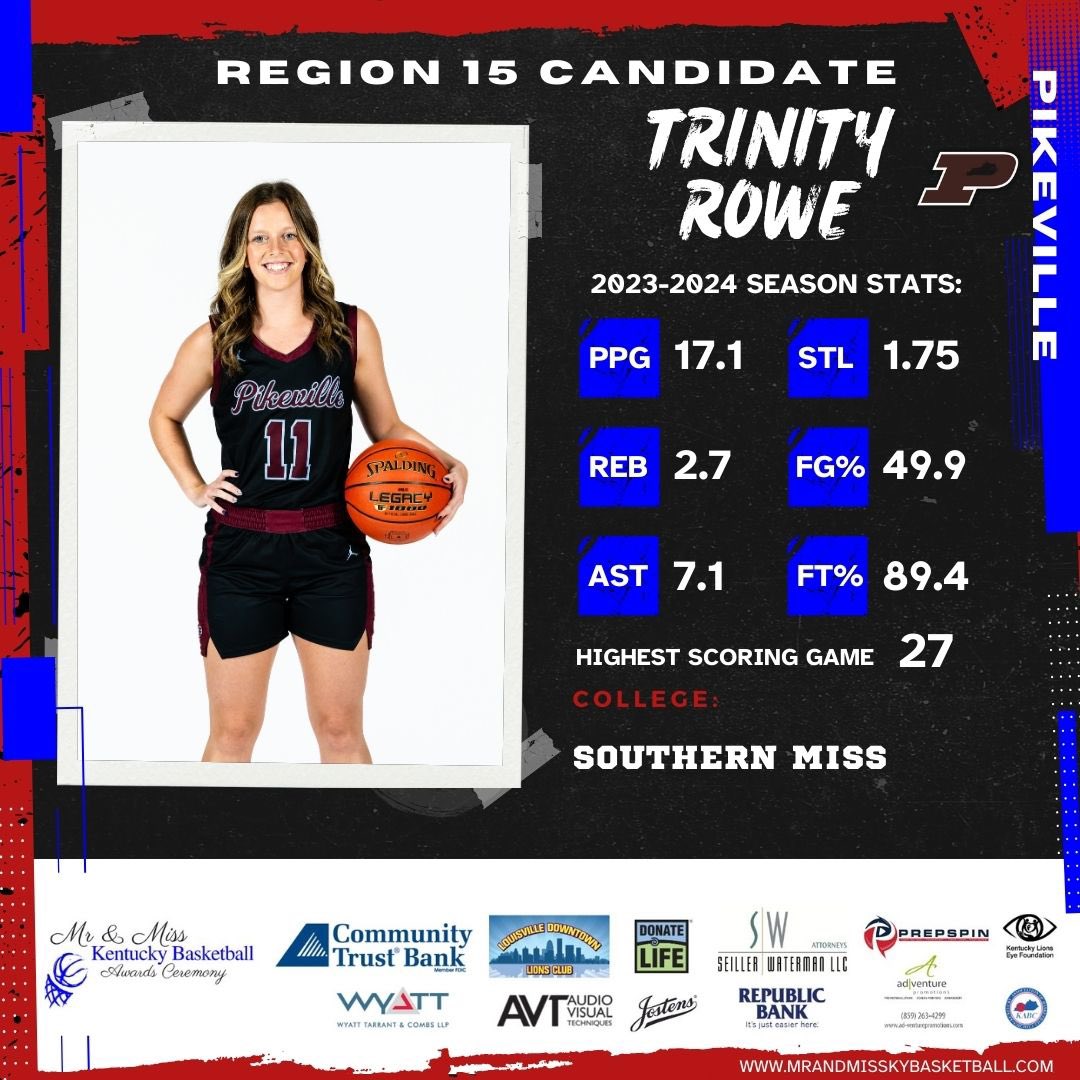 Pikeville’s <a href="/PikevilleB/">Pikeville Girls’ Basketball</a> Trinity Rowe <a href="/Trinity_Rowe11/">Trinity Rowe</a> is the 2024 Miss Kentucky Basketball. She’s a Southern Miss signee