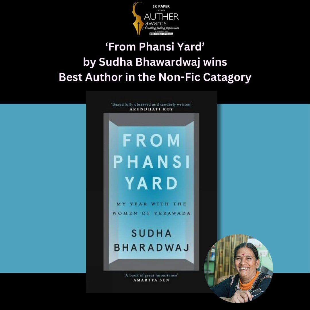 Absolutely delighted to learn that Sudha Bharadwaj has deservedly won the best author award for non fiction with her sensitive, insightful and illuminating book on the lives of women in an Indian prison.