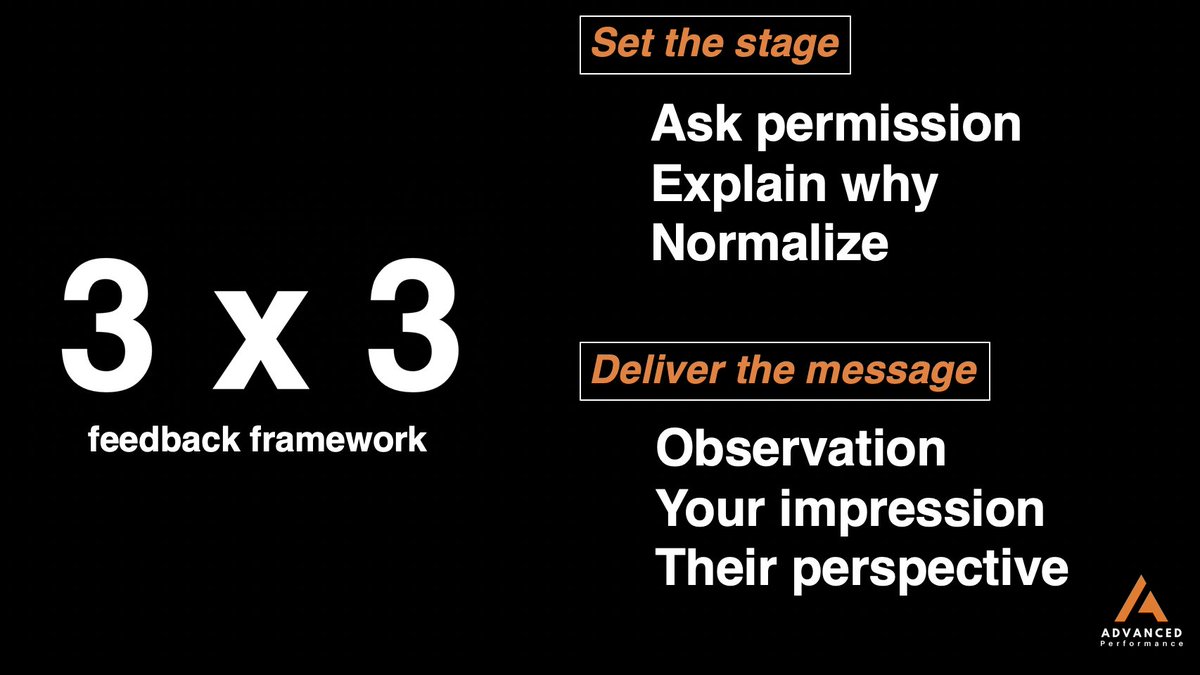 Have you ever found it difficult to give someone feedback? I think most of us have had this experience. At @AdvPerformHD we teach the 3 x 3 feedback framework. It's a 2 part process: 1) Set the stage for feedback then 2) deliver the message A short 🧵