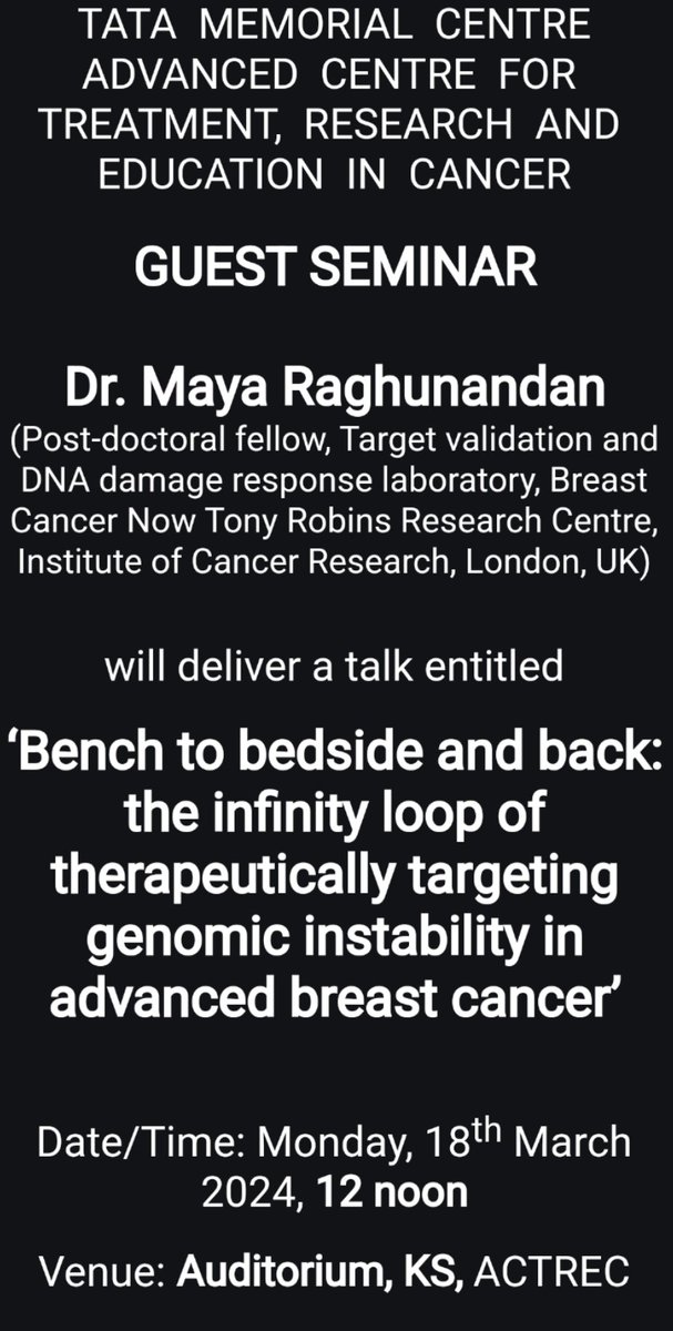 We are excited to host @MayaRaghunandan for a guest seminar today at @CRI_ACTREC @ACTREC_TMC She will talk about therapeutic targeting of advanced breast cancer. Looking forward!! @biopatrika #seminar #science #research