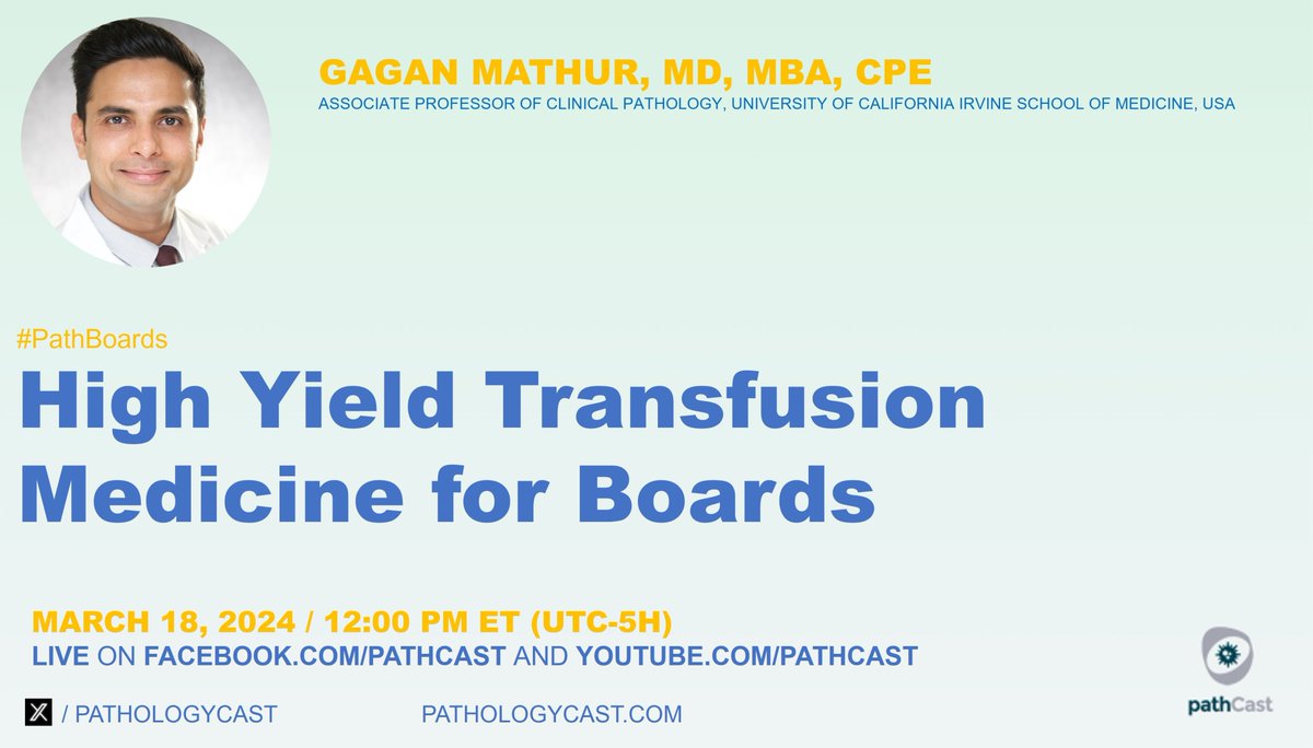 rosendahl_fiber's tweet photo. Tune in tomorrow! our Residency Associate Program Director, Dr. Gagan Mathur will be live on #pathCast Facebook &amp; YouTube channels. #bloodbank #pathboards @UCIrvineHealth https://t.co/MFrzfB8tun